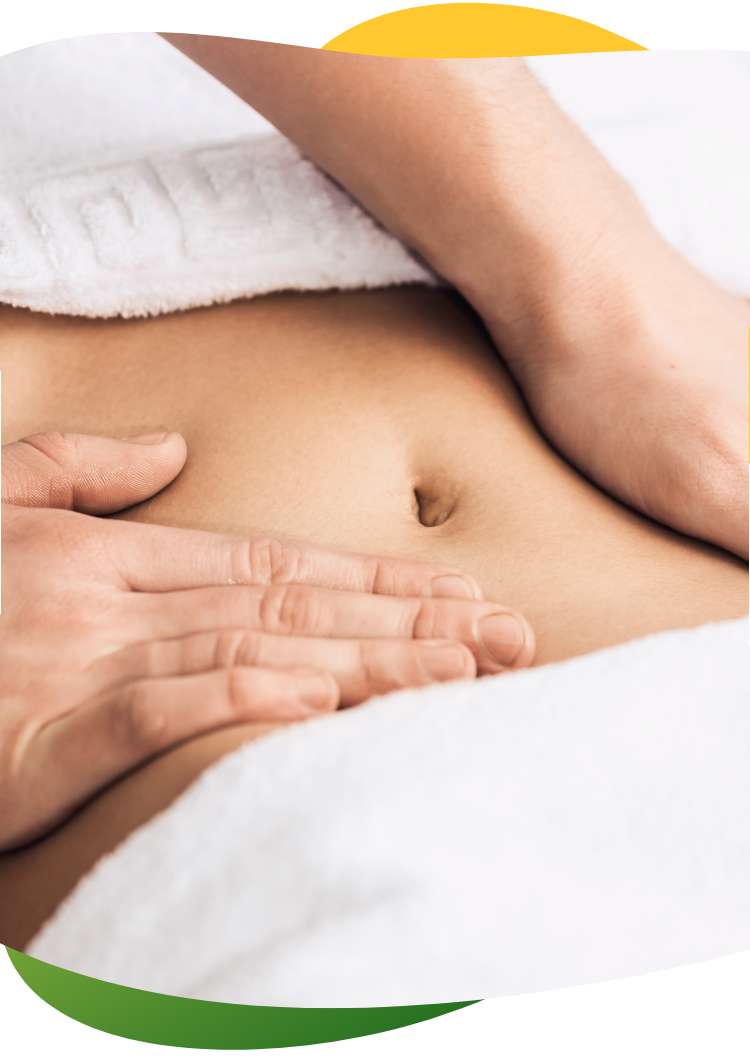 A torso with hands that are giving the abdomen a gentle massage
